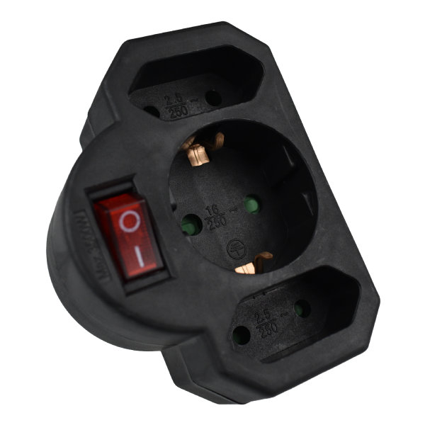 Hölter Zwischensteckdose 3-fach mit Schalter und KiSi (1Schuko/2Euro) - schwarz