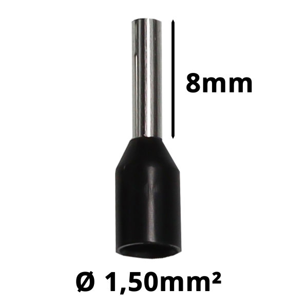 Aderendhülsen 1,50mm², schwarz, isoliert, Hülsenlänge 8mm, Gesamtlänge 15,2mm