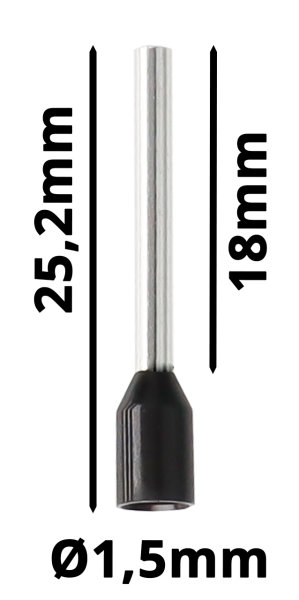 Aderendhülsen 1,50mm², schwarz, isoliert, Hülsenlänge 18mm, Gesamtlänge 25,2mm