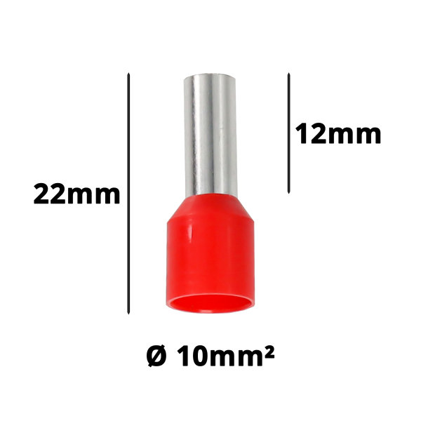 Aderendhülsen 10mm², rot, isoliert, Hülsenlänge 12mm, Gesamtlänge 22mm