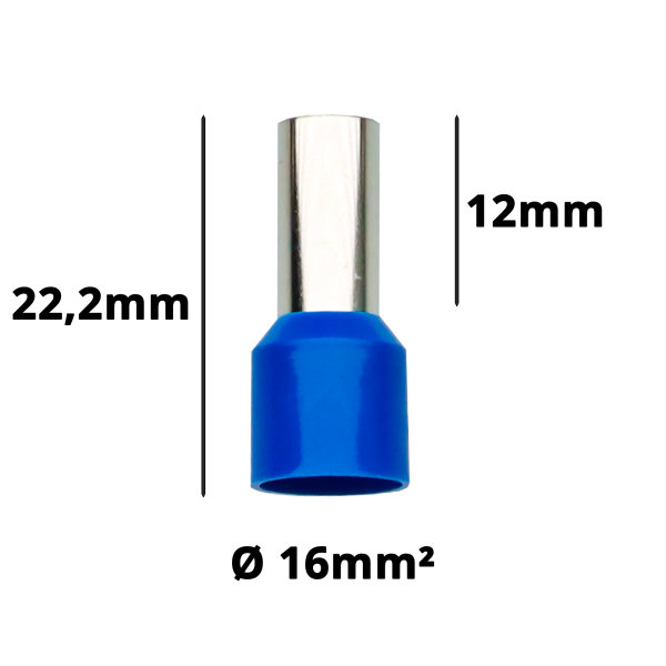 Aderendhülsen 16mm², blau, isoliert, Hülsenlänge 12mm, Gesamtlänge 22,2mm